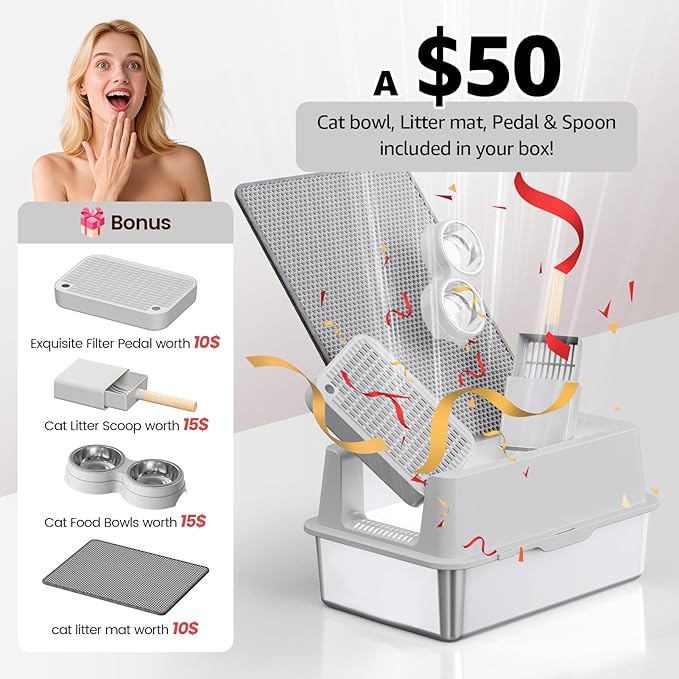 Stainless Steel Cat Litter Box - Enclosed XL Metal Kitty Litter Box with Lid for Big Cats, High Sided, Anti-Leakage, Easy Cleaning, Non-Sticky, Included Litter Mat, Cat Bowl & Spoon