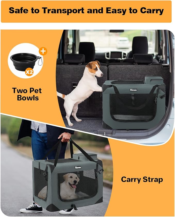 Extra Large Dog Crate with 2 Foldable Bowl, 36 Inch Collapsible Travel Dog Crate Kennel with Soft Blanket for Medium Dogs,Indoor & Outdoor (36" L x 25" W x 25" H, Grey)