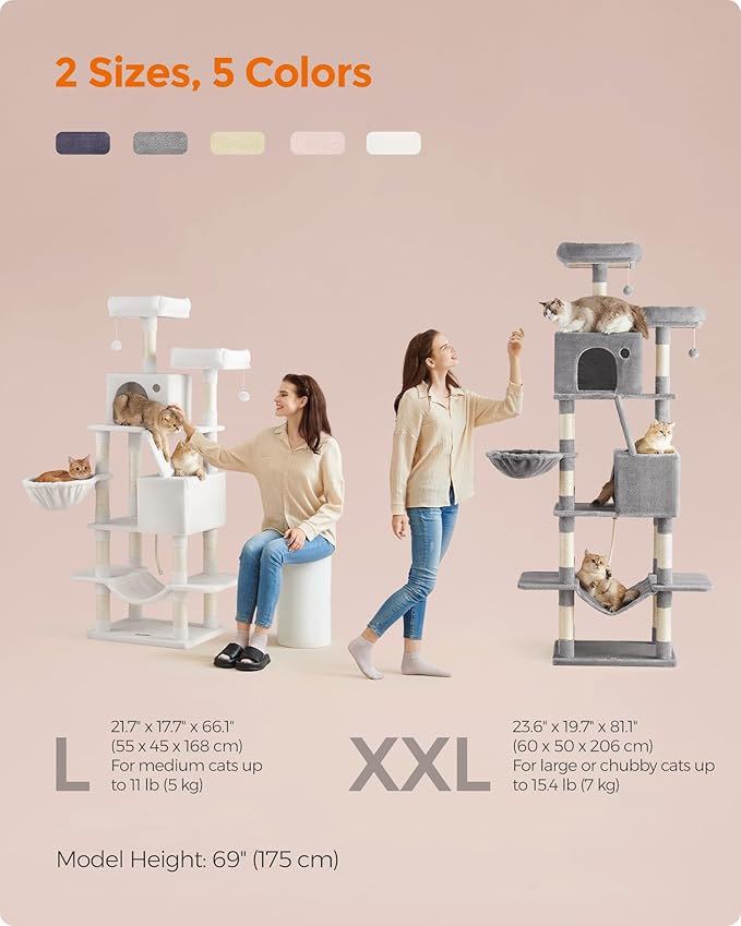 Feandrea Cat Tree, 81.1-Inch Large Cat Tower with 13 Scratching Posts, 2 Perches, 2 Caves, Basket, Hammock, Pompoms, Multi-Level Plush Cat Condo for Indoor Cats, Jelly Pink UPCT190P01