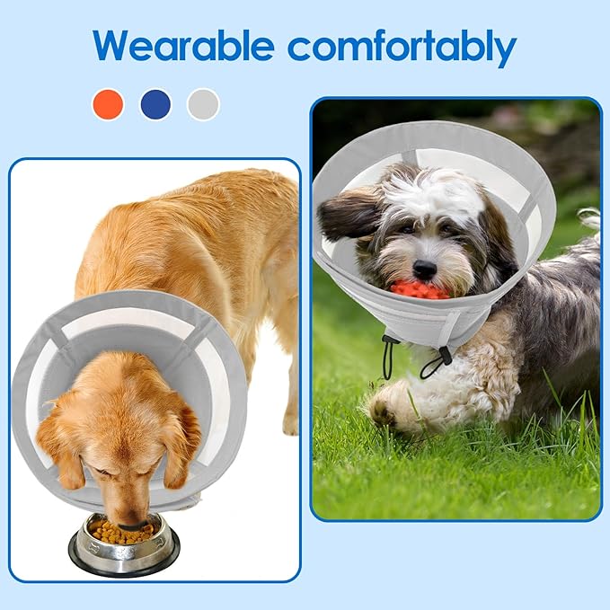 SAWMONG Soft Dog Cone for Medium Dogs, Adjustable Pet Recovery Collar to Stop Licking, Comfy Elizabeth E-Collar for Dogs After Surgery Alternative (M,Grey)