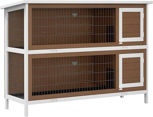 PawHut 54" 2-Story Large Rabbit Hutch Bunny Cage Wooden Pet House Small Animal Habitat with Lockable Doors, No Leak Tray and Waterproof Roof for Rabbits, Chickens, Ducks, Outdoor/Indoor Brown