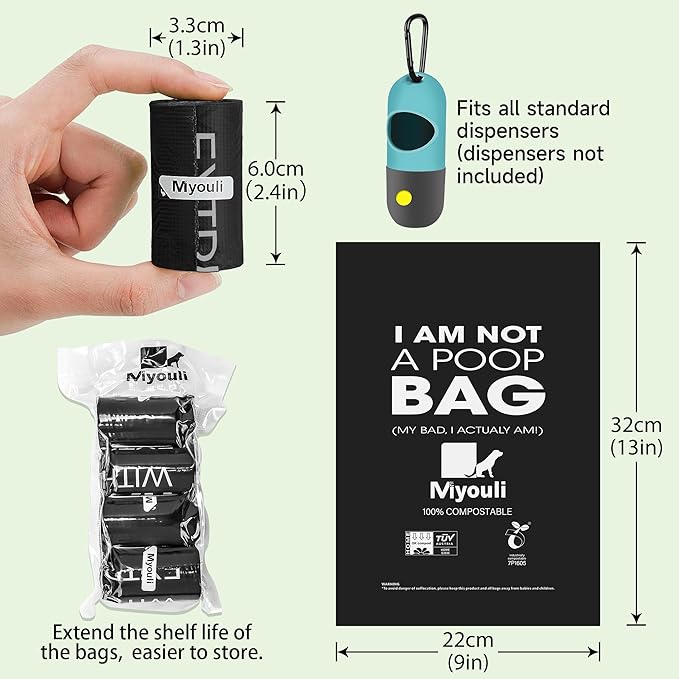 Certified Compostable Poop Bags for Dogs, 240 Poop Bags (16 Rolls),Landfill Friendly, Leak Proof Unscented Easy Open Poop Waste Bag（Black）