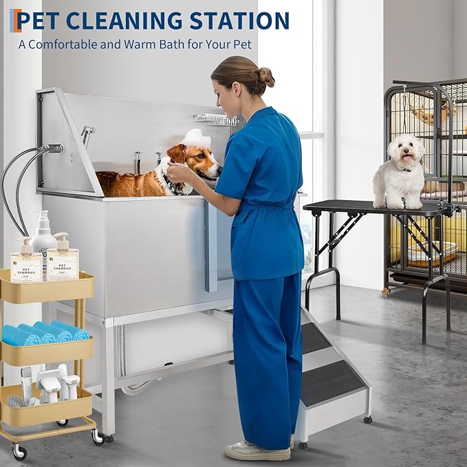 Stainless Steel Dog Washing Station - Dog Bath Tub for Large, Medium, Small Dogs, Pet Grooming Tub with Ramp, Non-Slip Grate, Shower, Soap Box, Faucet, Drain for Home & Outdoor （Right RAMP, 50"）