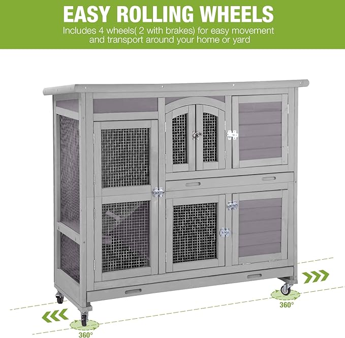 GUTINNEEN Rabbit Hutch Indoor Outdoor Bunny House Guinea Pig Cage on Wheel with Plastic Tray 47inch
