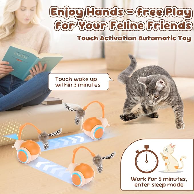 SlowTon Cat Interactive Toy for Indoor Cats - Remote Control Automatic Smart Moving Cat Toys with 2 Modes, Rechargeable Kitten Feather Toys for All Breeds of Bored Cats(Orange)