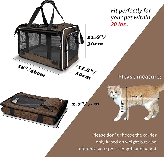 Pet Carrier for Large Cat Soft-Sided Animal Traveling Bag for Medium Cat up to 20lbs / Washable Small Dog Puppy 10 lbs Crate Case with Privacy Curtains for Home Outdoor Travel Mocha Brown