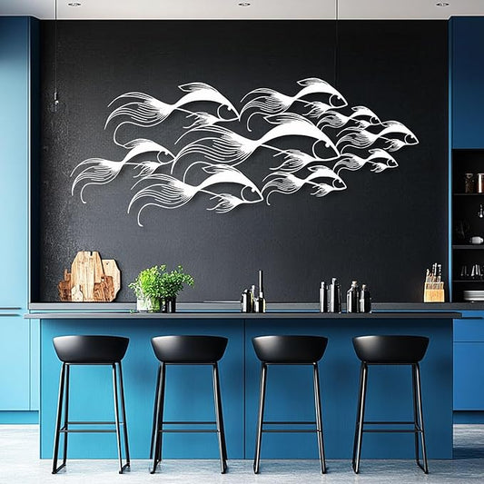 School of Fish Metal Wall Art, Metal Fish Wall Decor, Sea Life Wall Art, Large Nautical Wall Hanging, Modern Beach House Wall Decor, Ocean Themed Artwork for Bathroom (White, 30"x12" | 76x32cm)