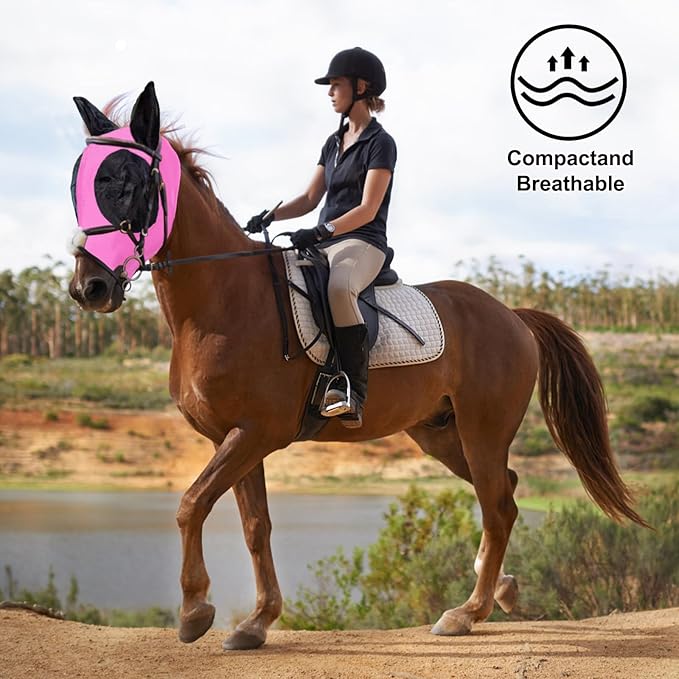 Horse Fly Mask with Ears, Comfortable Fit Stretch Fabric with UV Protection Soft on Skin Breathability for Small/Medium Size Horses (Pink)