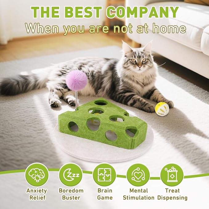 Interactive Cat Puzzle Toy for Indoor Cats & Kittens - Fun Track Balls & Spring Teaser in Stimulating Felt Puzzle Box (Green) - Mental Enrichment Game