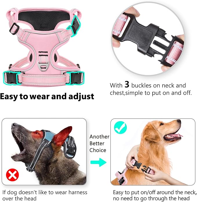 Timos Dog Harness, 3 Snap Buckles No-Pull Soft Padded Dog Vest with 2 Metal Leash Clips, Adjustable Reflective No Choke Pet Harness with Easy Control Handle for X-Small Dogs,Pale Pink,XS