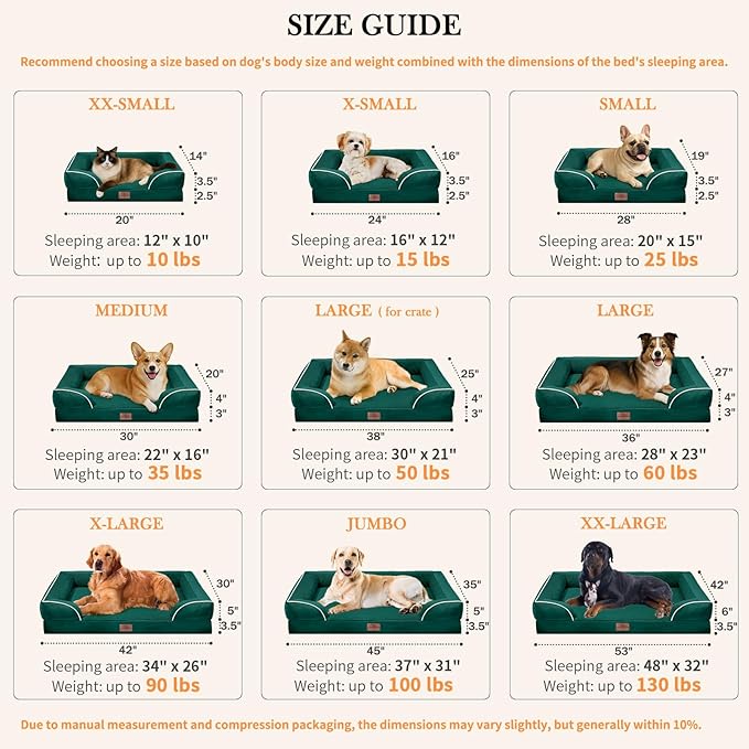 Comfort Expression Medium Dog Beds Waterproof Orthopedic Foam Dog Sofa Beds for Medium Large Dogs Comfy Pet Bed with Washable Removable Cover & Non-Slip Bottom(Medium,Emerald)