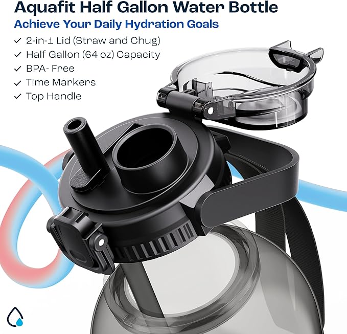 AQUAFIT 64 oz Water Bottle with Time Marker - 2in1 Straw & Chug Lid - BPA Free Big Water Bottle with Straw - Gym Water Bottle with Strap - Water Jug (64 Ounces, Clarity)