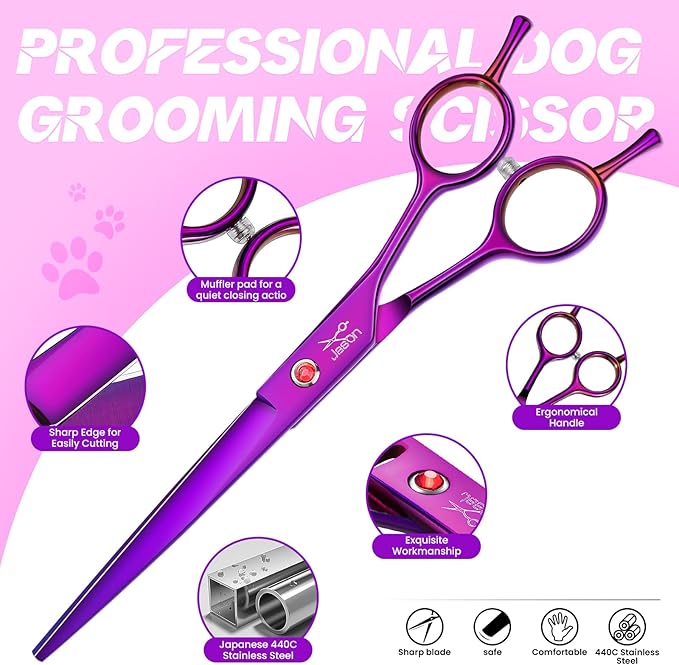 JASON Dog Grooming Scissors Kit, Professional 6 in 1 Dog Scissors Sharp Shears Set - Straight, Thinning, Chunker, Curved Shears and Comb for Long Short Hair for Dog Cat Pet