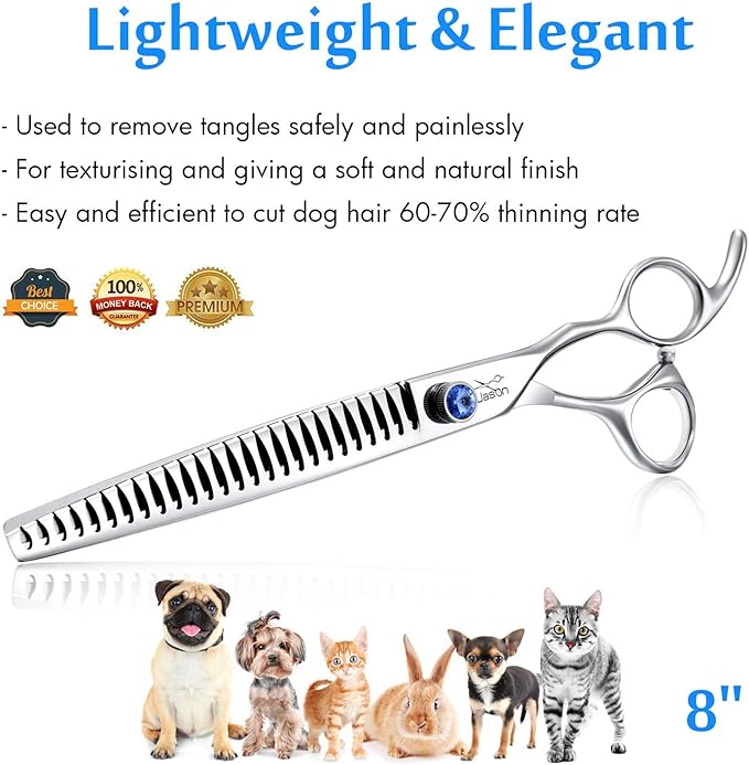 JASON 8" 26 Tooth Chunkers Shears for Dogs Ergonomic Cats Grooming Scissors Texturizing Blending Thinning Shear Pets Trimming Kit with Offset Handle Sharp Comfortable Scissor