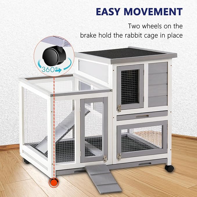 Rabbit Hutch, Indoor Rabbit Cage Two Story Bunny Hutch with Wheels Guinea Pig Cages with Removable No Leaking Tray, Ramp, Outdoor Pet House for Small Animals