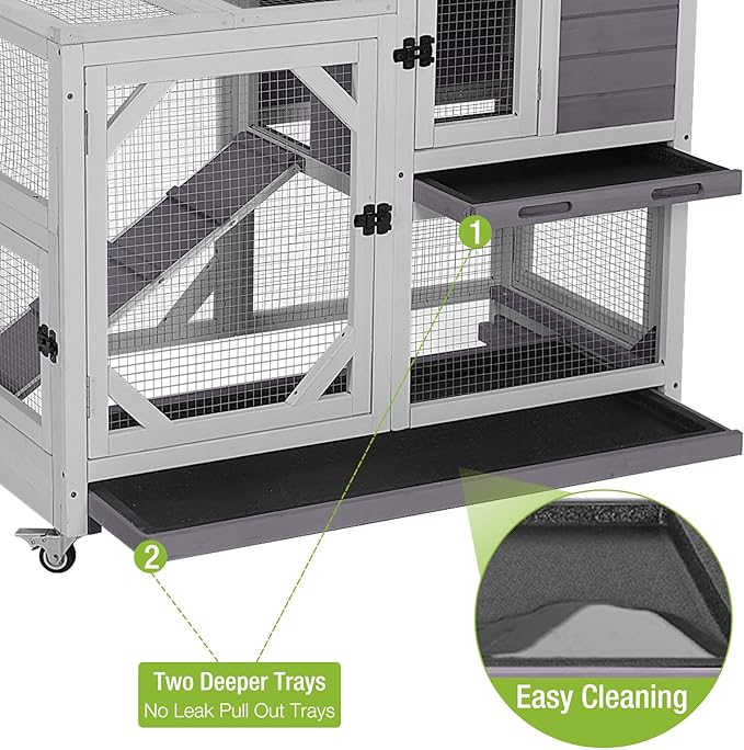 GUTINNEEN Rabbit Hutch Indoor Outdoor 2 Story Bunny House on Wheels Wood Rabbit Cage with 2 Pull Out Trays Guinea Pig Cage (Gray)