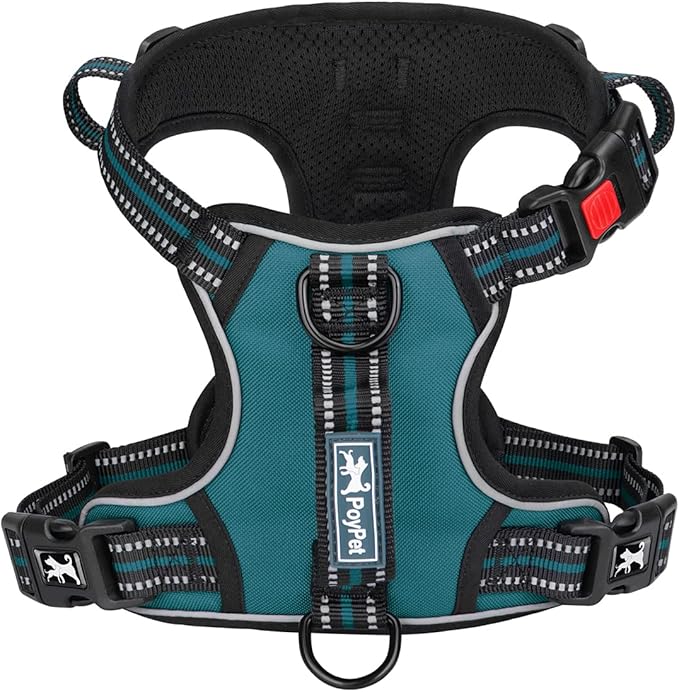 PoyPet No Pull Dog Harness, No Choke Front Clip Reflective Dog Vest with Soft Padded Vertical Handle, 3 Leash Attachments for Small Medium Large Dogs (Tumalo Teal,S)