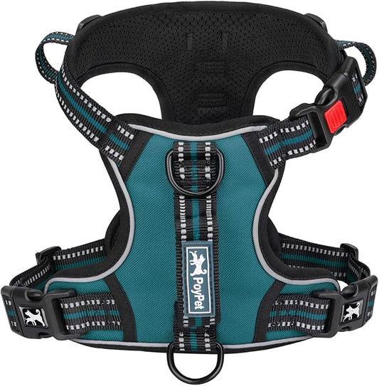 PoyPet No Pull Dog Harness, No Choke Front Clip Reflective Dog Vest with Soft Padded Vertical Handle, 3 Leash Attachments for Small Medium Large Dogs (Tumalo Teal,M)