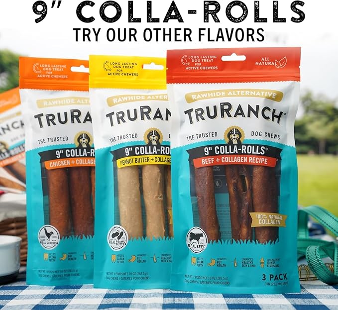 Collagen Rolls - 9" Collagen Rolls for Dogs - Long Lasting Healthy Joint Support Dog Treat - Rawhide Alternative - Skin & Coat Health - Made with Real Beef, 1 Bag, 3 Count