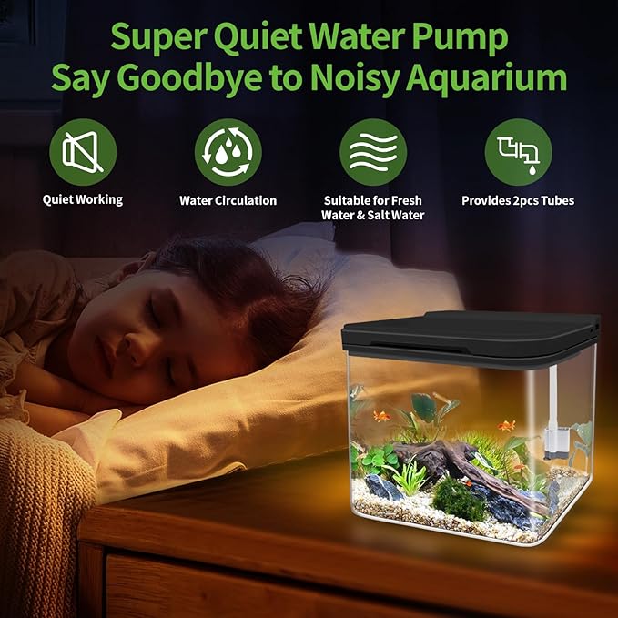 Small Fish Tank Kit 1.8 Gallon, Aquarium Starter Kit with Super-Quiet Water Pump, Dual Rain Filtration, Self Cleaning Function, Shatter-Resistant & Leak-Proof Base (Black)