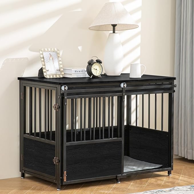 KOOPRO 40 Inch Dog Crate Furniture with Cushion for Small Medium Dogs, Wooden Heavy Duty Dog Kennel with Double Doors, Decorative Pet House Dog Cage Side End Table Indoor, Sliding Door Chew-Resistant