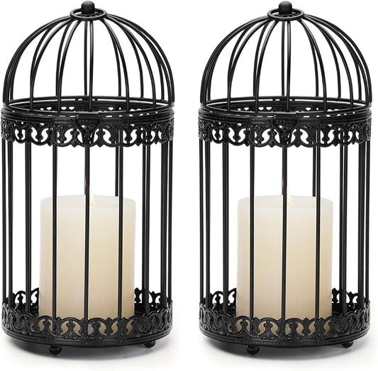 NUPTIO Vintage Bird Cage Lantern: Black Hanging Bird Cage Decor Candle Lanterns for Centerpiece - Large Birdcage Pillar Candles Holder for Halloween Christmas Bridal Shower 10 Inch H