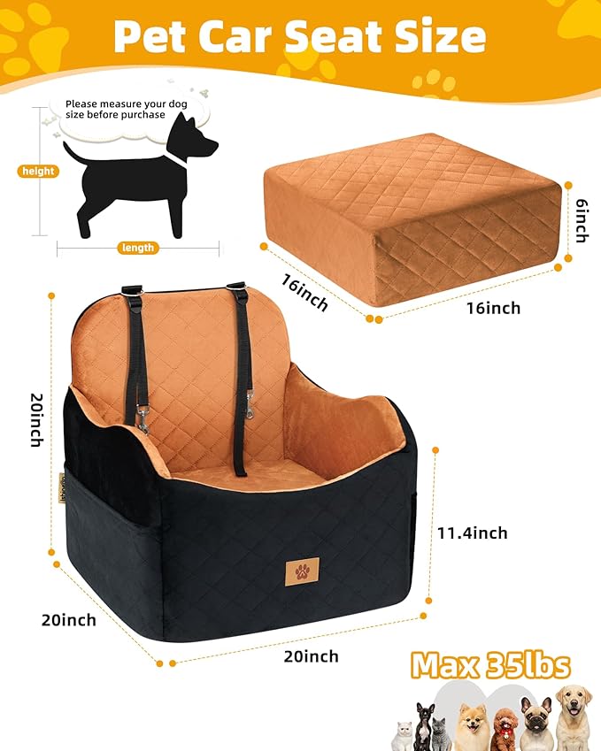 Car Seat Booster for Dog: High-Support Memory Foam Pet Car Seat for Small/Medium Dogs Under 35lbs with Elevated Cushion,Pockets - Detachable Washable Puppy Travel Bed for Driving(Black/Brown)