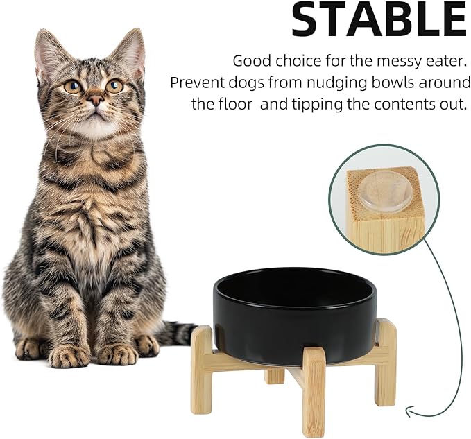 Ceramic Raised Dog and Cat Bowl Set, 2 Heights Elevated Stand, Food and Water Bowl for Small Breed Dogs, Cats, Kitty, Weighted Dog Dishes, Pet Bowls(5.1'',13.5oz, Black)