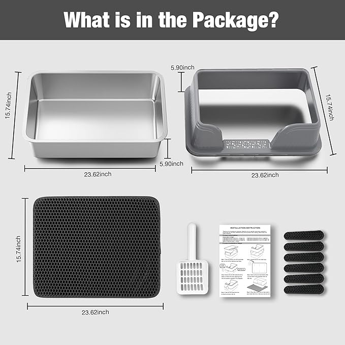 Suhaco Extra Large Stainless Steel Litter Box with Lid XXL High Sided Cat Litter Boxes Included Litter Mat & Litter Scoop Anti-Urine Leakage Metal Pet Toilet for Big Cats (Grey XXL)