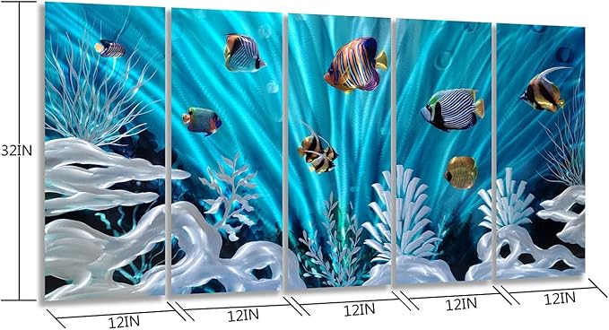 SYGALLERIER Fish Metal Wall Art Hand Crafted Large 3D Sea Life Pictures Modern Abstract Coastal Aluminum Artwork Contemporary Sculpture for Living Room Bedroom Dinning Decor