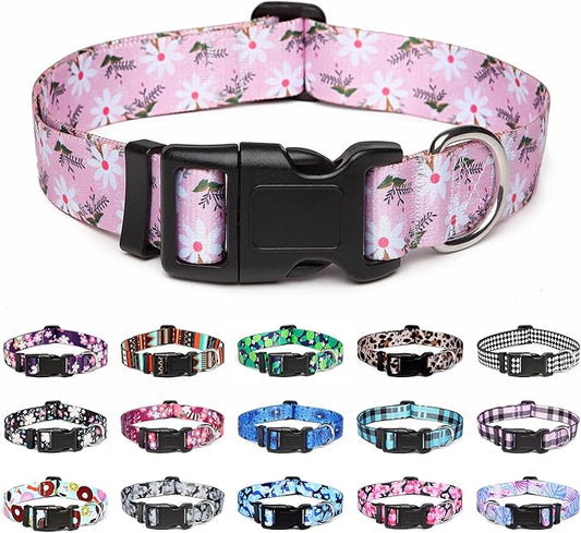 Mercano Adjustable Dog Collar - Special Design Patterns, Soft Nylon Comfortable Durable Pet Collar for Small Medium Large Dogs (XS, Pink White Flower)