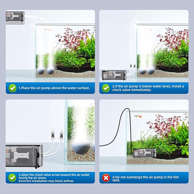 Aquarium Air Pump,Ultra-Quiet/Small Size/More Output Fish Tank Bubbler 1w/16GPH/12Kpa,with Air Stone Bubbler,Single Outlet Suitable for 0-20 Gallon Fish Tank