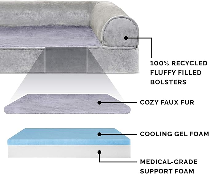 Furhaven Cooling Gel Dog Bed for Large/Medium Dogs w/ Removable Bolsters & Washable Cover, For Dogs Up to 55 lbs - Faux Fur & Velvet Sofa - Smoke Gray, Large