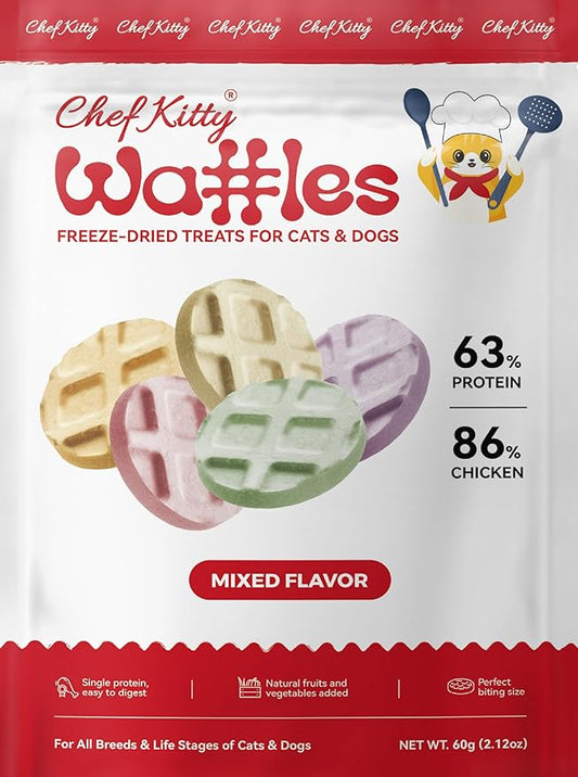 Freeze Dried Chicken Cat & Dog Waffle Treats - Made with Human Grade Chicken Breast & Liver - 5 Natural Flavors - Healthy, Tasty, Dry Food for Indoor Cats, Dogs - Inspected & Tested in USA