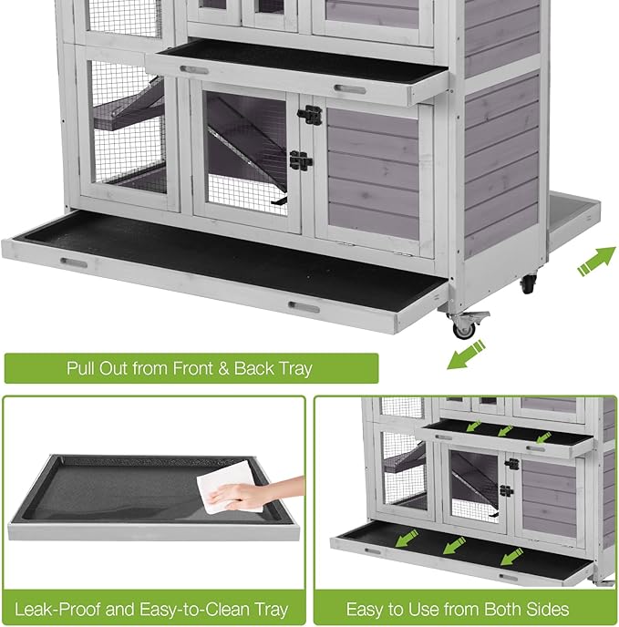 GUTINNEEN Large Rabbit Hutch Indoor with Chew-Proof Ramp, 47" Wooden Bunny Cage Guinea Pig Cages with Casters, Leak-Resistant Trays for Rabbits, Guinea Pigs, Small Animals