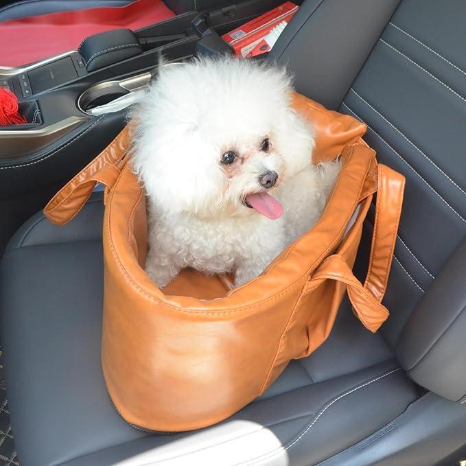 2 and 1 Center Console Dog Car Seat & Carrier for Small Dogs, Large Leather Dog Car Bed with Storage Pocket, Waterproof PVC Leather Seat Travel Bed for Front & Back Seat, Clip-On Safety Leash