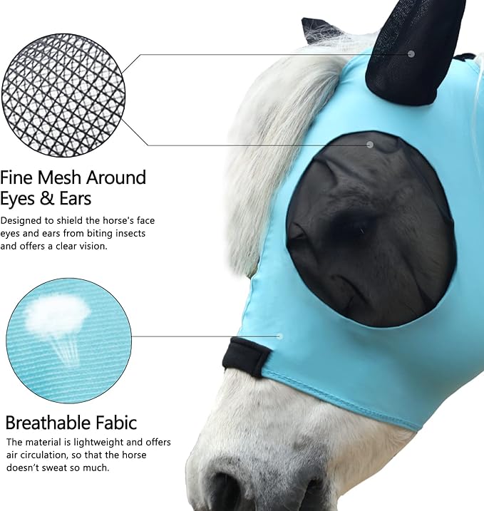 Horse Fly Mask with Ears - Large Eye Space for Full Vision, Breathable Stretch Comfort Fit, UV Protection, Forelock Opening, Easy Pull-On Paleblue Pony