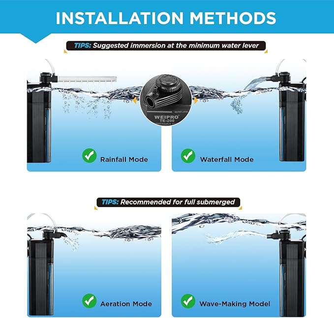 Internal Fish Tank Filter, 3W Adjustable Water Flow Submersible Aquarium Filter Pump for 5~10 Gallon Freshwater Saltwater, 2 Mode Aeration & Rainfall, TE-100(50GPH)
