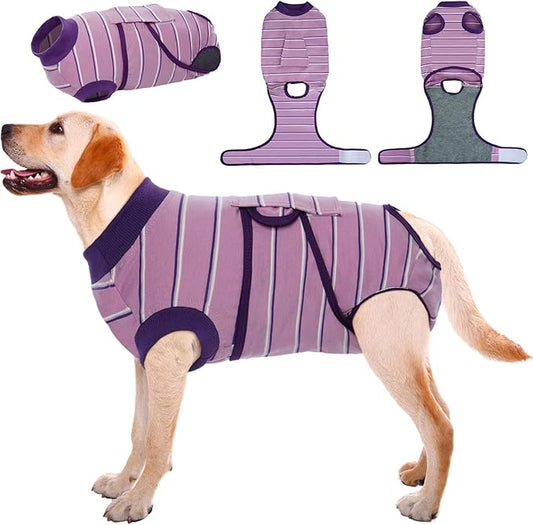 Kuoser Dog Surgery Recovery Suit for Female Male Dogs, Stripes Spay Neuter Anti-Licking Dog Onesie, Abdominal Wounds Surgical Suit Snugly Pet Collar Alternative Post Surgery Vest Bodysuit, Purple 2XL