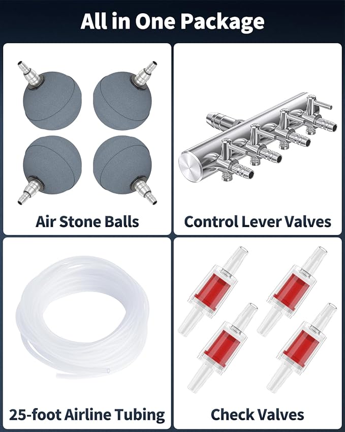 Pawfly Pond Air Pump Outdoor Oxygen Pump for Fish Koi Ponds 3000 to 10000 Gallons Adjustable Pond Garden Aerator Pump Kit with Airline Tubing Control Lever Valves Air Stones and Check Valves