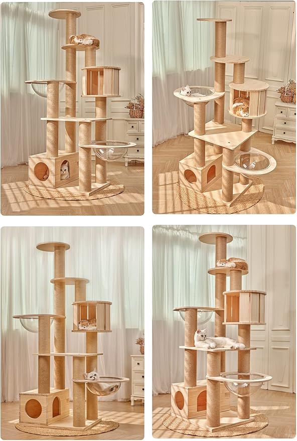 Modern Multi-Level Large Real Solid Wood Cat Tree, Luxury Wooden Cat Tower Cat Condo with Multi-Layer Platform for Indoor Cats