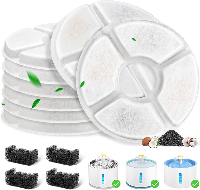 12 Pack Cat Water Fountain Filter, 8 Pcs Cat Fountain Filters Replacement & 4 Pcs Pre-Filter Sponges for 81oz / 2.4L Round Automatic Pet Water Fountain Dog Dispenser, 3-Filtration System
