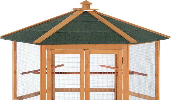 PawHut 69" Large Wooden Hexagonal Outdoor Aviary Flight Bird Cage with Covered Roof, Brown