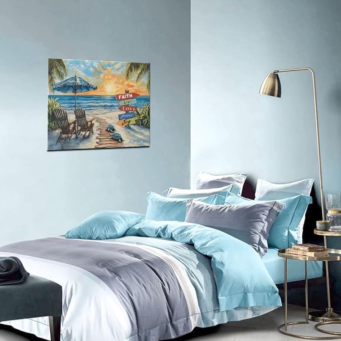 Beach Ocean Bathroom Pictures Wall Art, Seaside Coastal Bathroom Wall Decor, Sunrise Framed Painting Canvas Artwork for Bedroom Living Room Decorations 24"L x 20"W