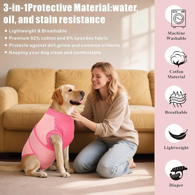 Idepet Dog Recovery Suit Female,Dogs Onesie Suit Surgery Male Breathable Pet Bodysuit for Spay Neuter E-Collar & Cone Alternative Surgical Suit Puppy Abdominal Anti Licking Wounds Shirt (Pink, XS)