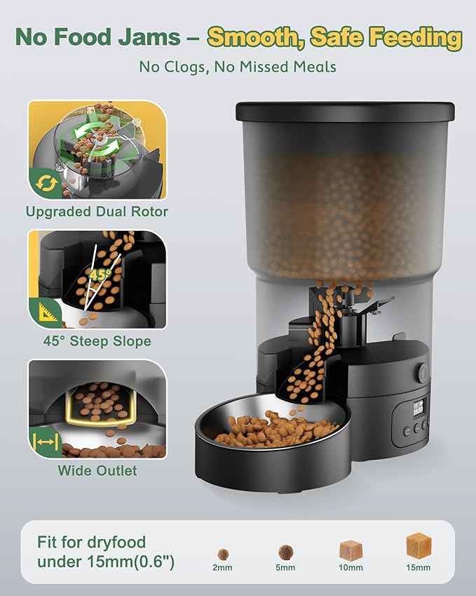 Gimars 5L/20 Cups Automatic Cat Feeder, Programmable 1-6 Meals Cat Food Dispenser with Stainless Steel Bowl, Easy Setup, Dual Power Supply,10s Meal Call Timed Pet Feeder for Cats and Small Dogs