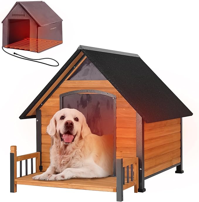Outdoor Heated Dog House with All-Around Insulated Liner Weatherproof Puppy Shelter Indoor Dog Kennel, Anti-Bite Dog Home for Large Breed with Porch (Brown-2, 50.8" D x 37.4" W x 37.2" H)