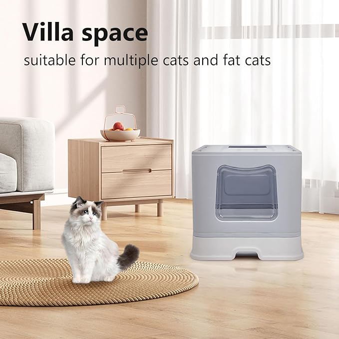 XL Foldable Cat Litter Box with Lid - Jumbo Enclosed Potty - Top Entry Anti-Splashing Toilet - Includes Scoop & 2-in-1 Cleaning Brush (Grey)