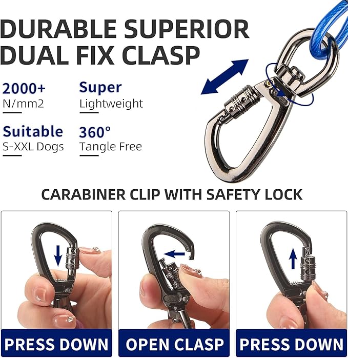 Dog tie Out Cable, 10/20/25/30/50/70/100 feet, Suitable for Dogs up to 350 pounds, Dog Cable with Swivel Buckle, Lightweight, Non-Winding, for Outdoor Camping, Yard Dog Cable (Blue, 70FT)