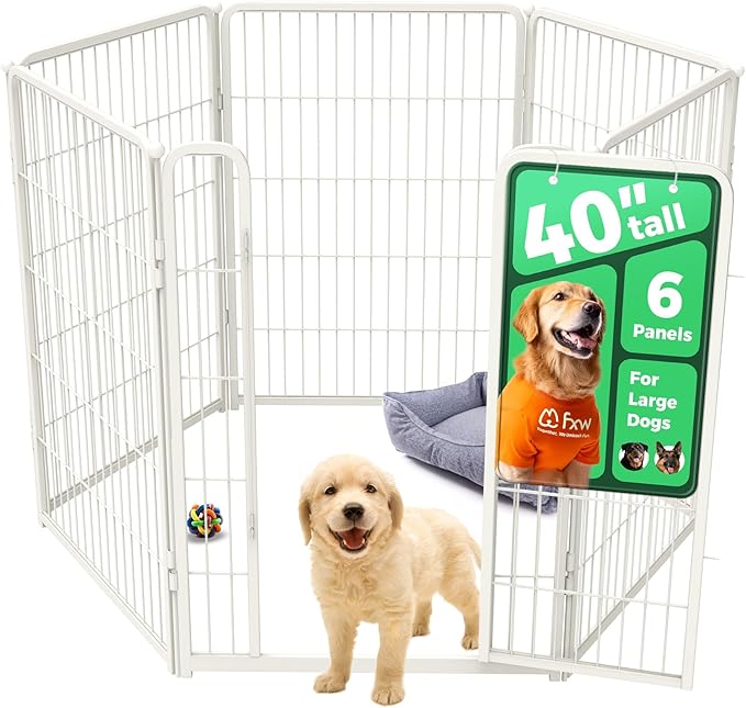 FXW Homeplus Unleashed Indoor Dog Playpen - Stress-Free and Safe Play, Heavy Duty 40 Inch 6 Wire Panels Dog Pen for Medium and Large Dogs, White│Patented